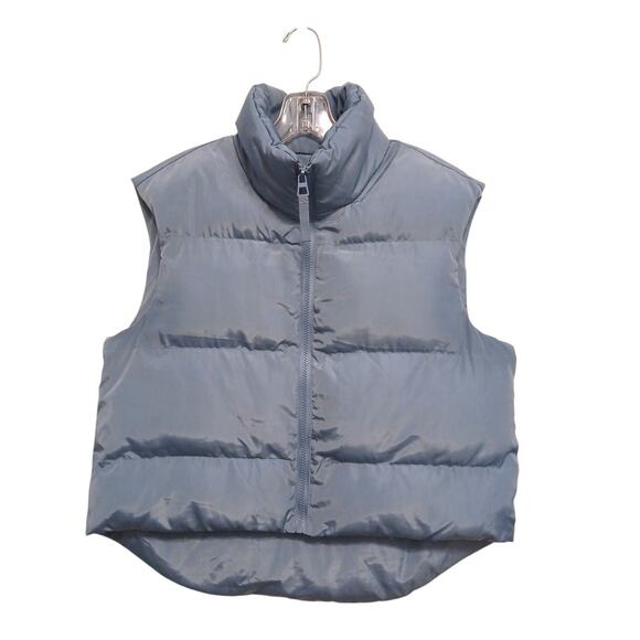 FashioNova Puffer Vest Sz Large Powder Blue Quilted Sleevess Full ZIp Cropped - Picture 1 of 9